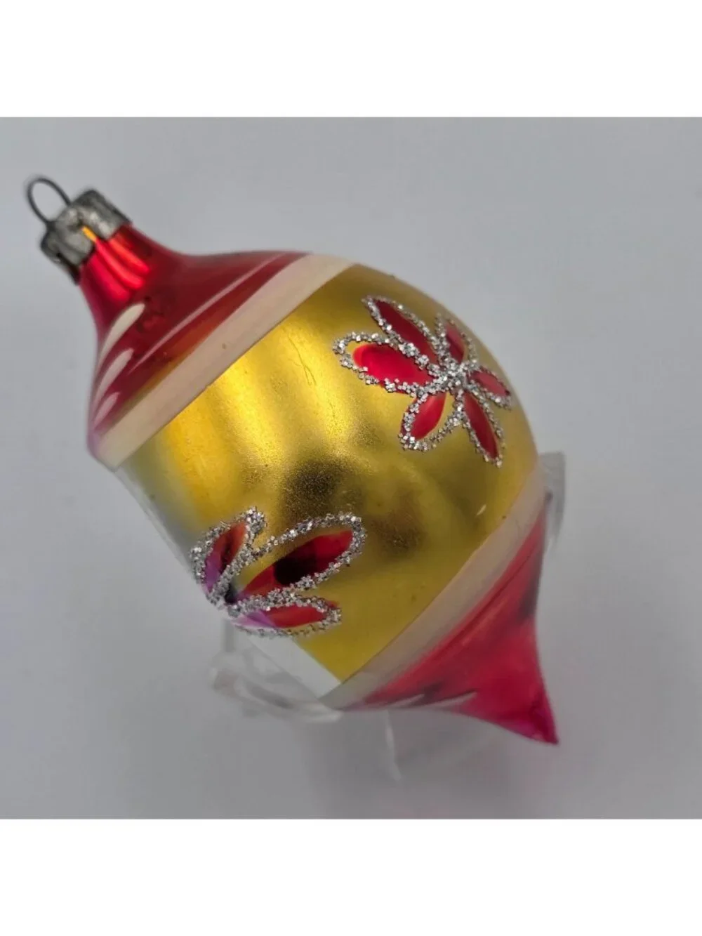 Reflector Glass Ornament Teardrop Indent Red Yellow Flowers Christmas 4
